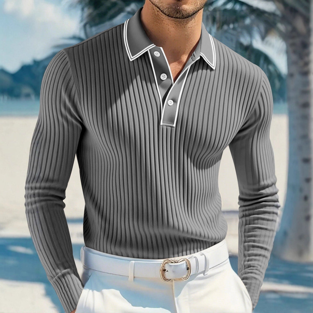 Men's Polo Shirts - Ribbed Knit Contrast Tipped Collar Button Placket