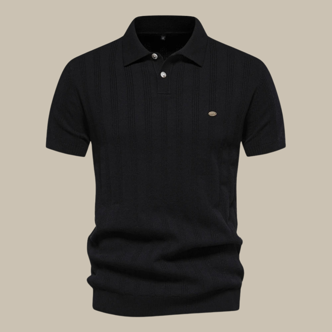 Men's Short Sleeve Knit Polo - Vertical Ribbed Pattern - Fold Collar