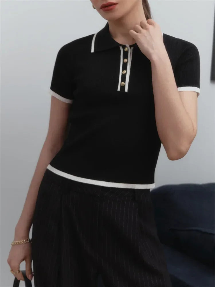 Women’s Ribbed Short Sleeve Polo Top with Button Placket and Contrast Collar