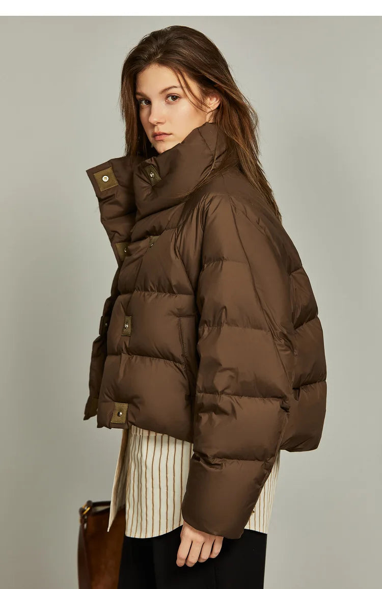 Women’s Cropped Quilted Puffer Jacket with High Neck and Front Button Closure