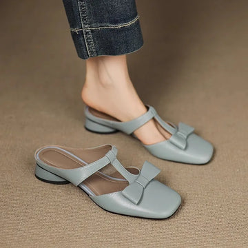Women's Patent Leather T-Strap Bow Square Toe Mules