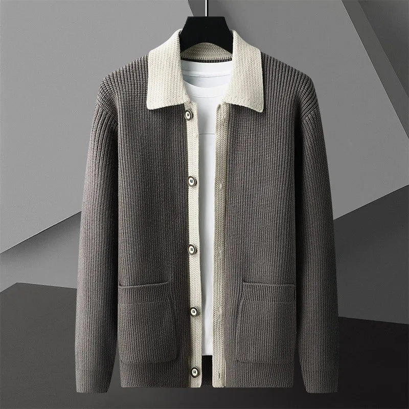 Men's Knit Cardigan - Contrast Collar Button-Up Long Sleeve