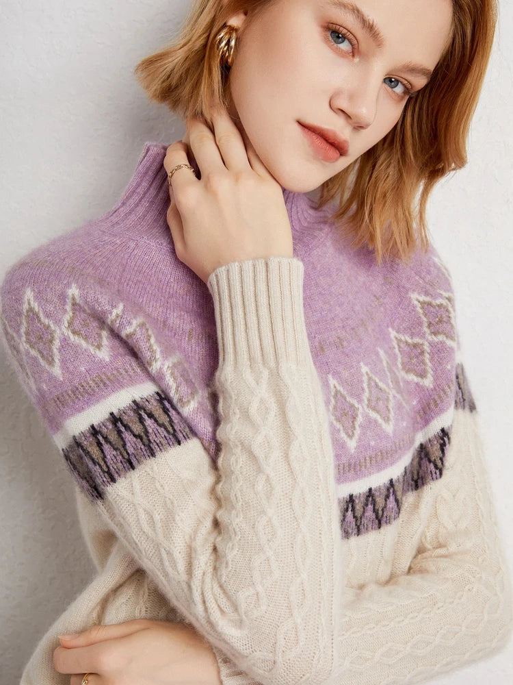 Women’s Jacquard High Neck Knitted Wool Jumper with Patterned Yoke and Ribbed Cuffs