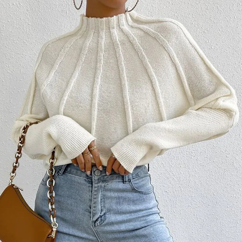 Women’s Cropped Knit Jumper – High Neck Relaxed Fit Ribbed Detail