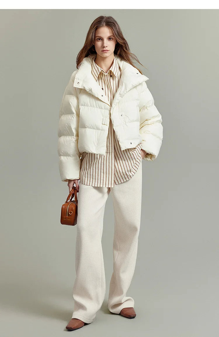 Women’s Cropped Quilted Puffer Jacket with High Neck and Front Button Closure