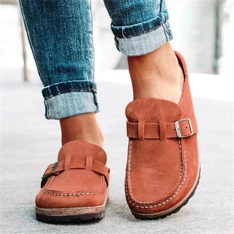 Women's Orthopedic Suede Clogs - Buckle Strap Cork Sole Mules