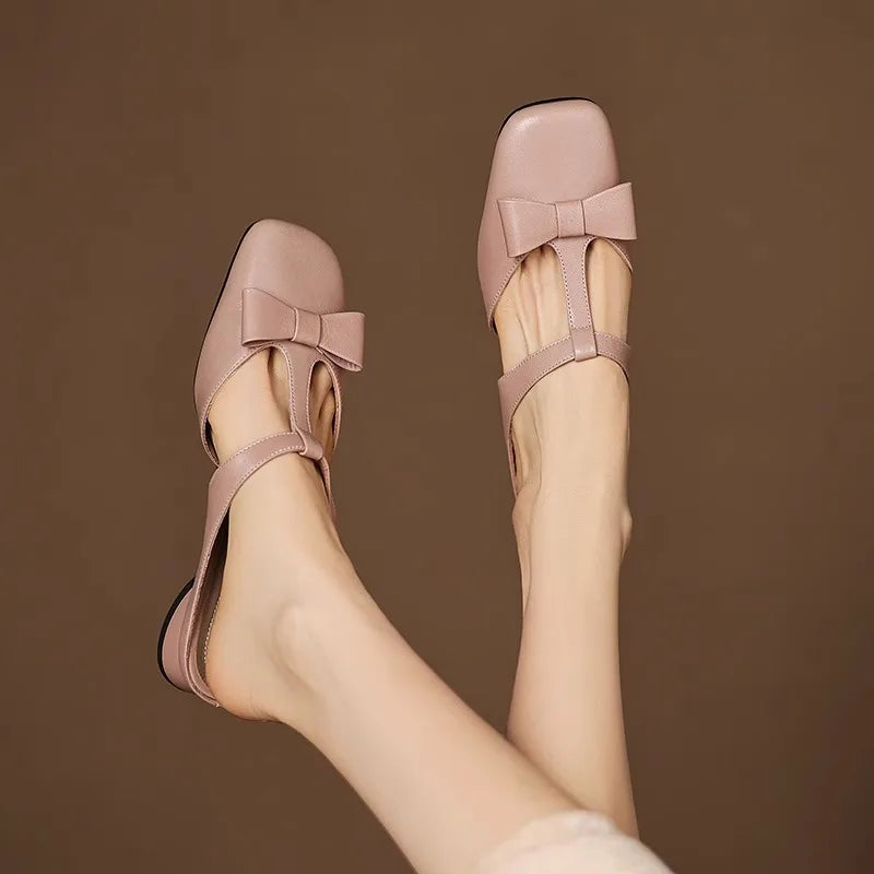 Women's Patent Leather T-Strap Bow Square Toe Mules