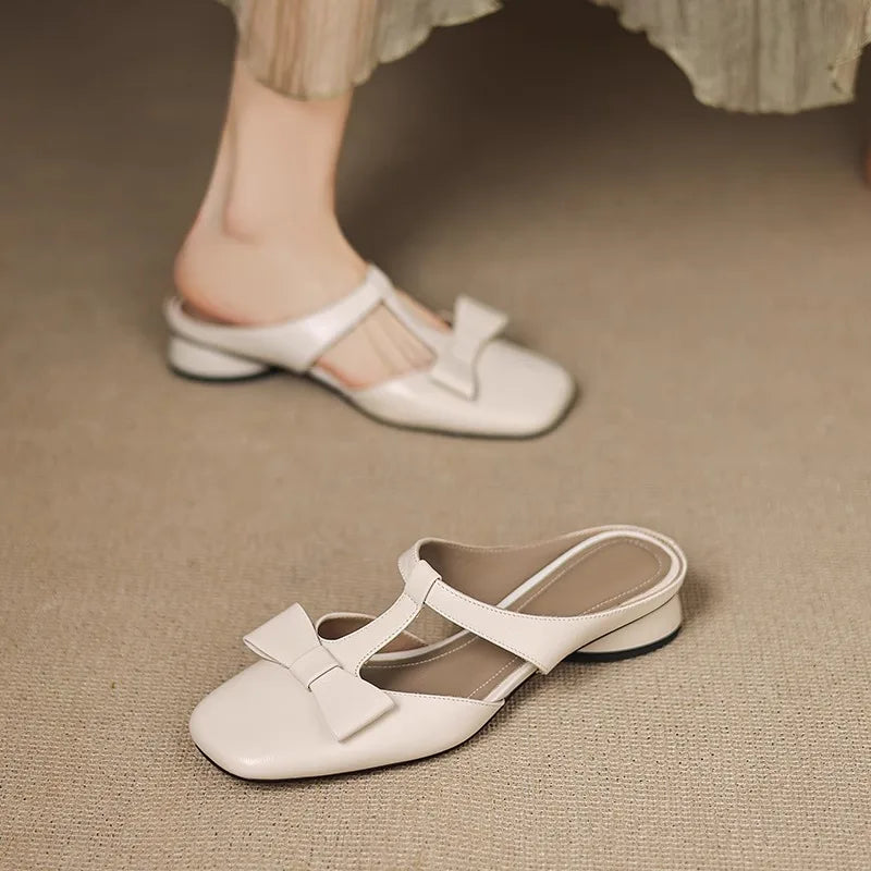 Women's Patent Leather T-Strap Bow Square Toe Mules