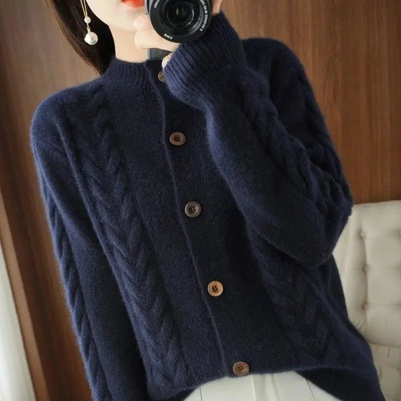 Women’s Cable Knit Cardigan – Button Front Long Sleeve Sweater with Ribbed Cuffs