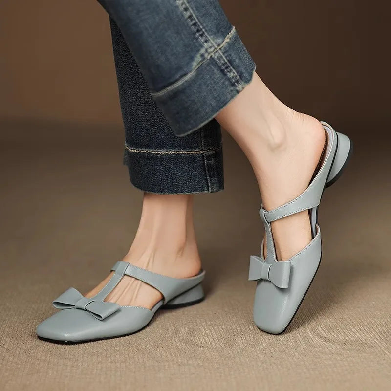 Women's Patent Leather T-Strap Bow Square Toe Mules