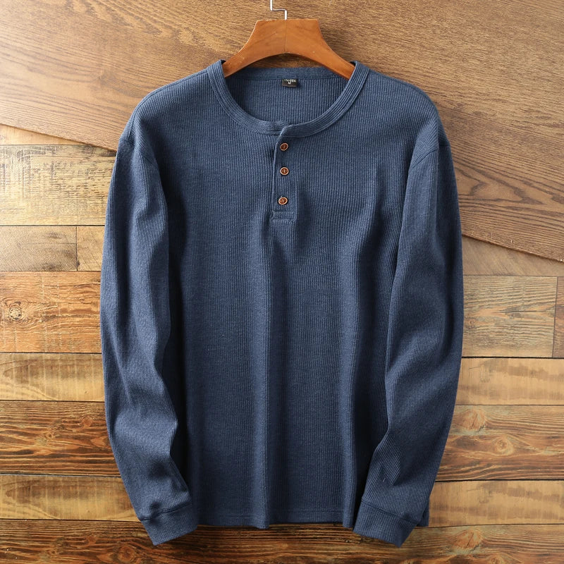 Men’s Long Sleeve Henley Shirt - Crew Neck Button Placket Knit Top