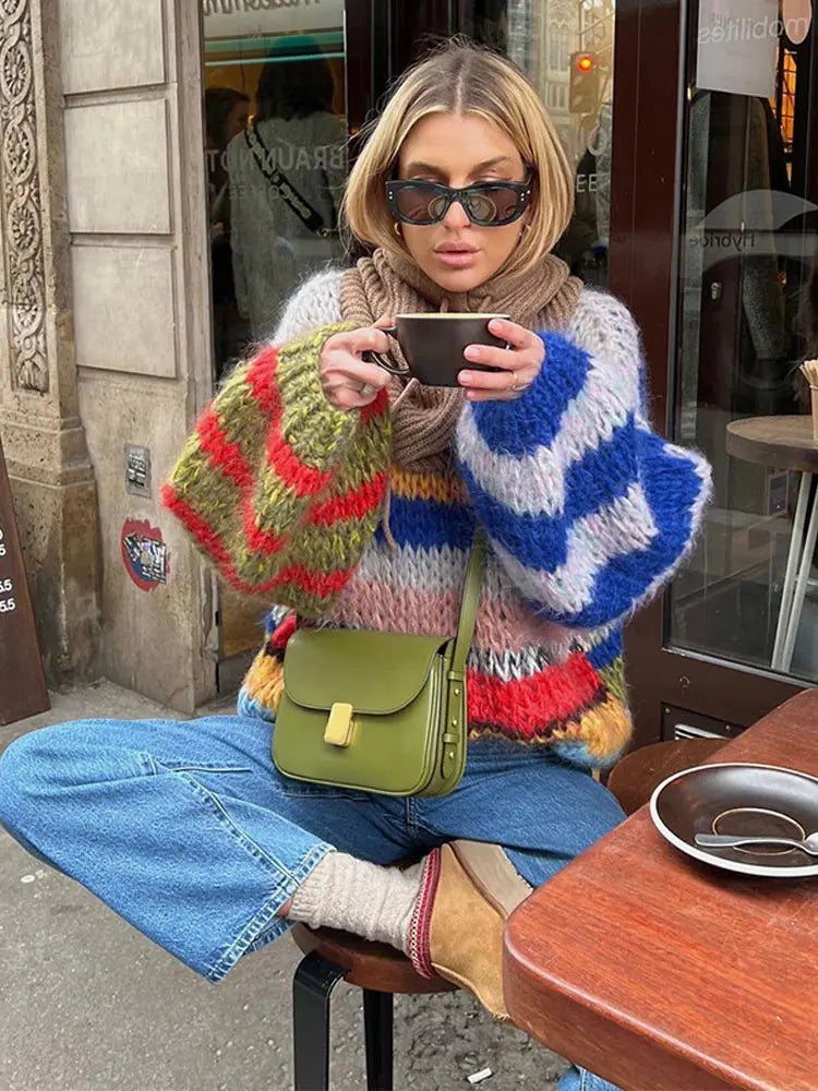 Women's Chunky Knit Jumper - Oversized - Multicolour Stripe - Crew Neck - Batwing Sleeve