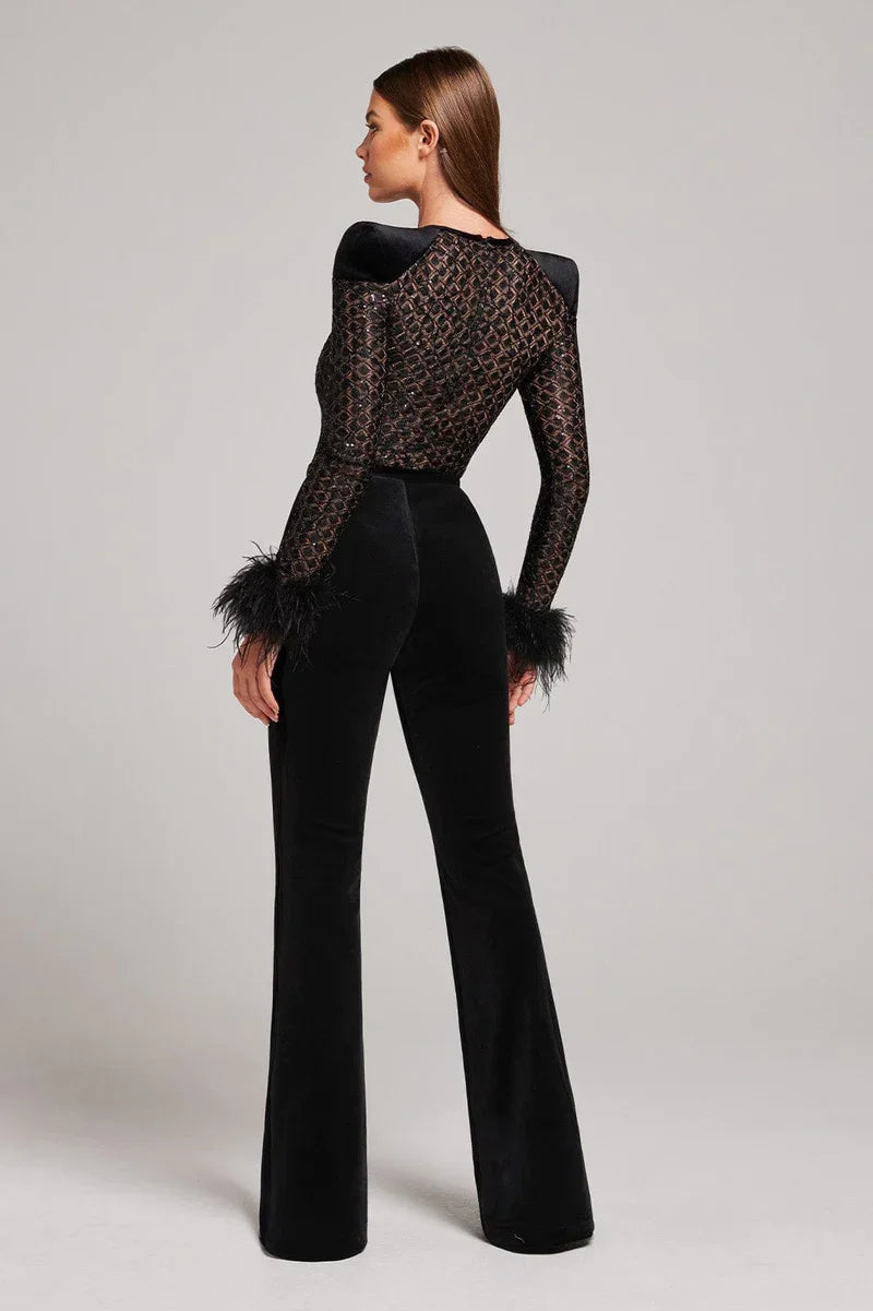 Women's Black Jumpsuit - Sequin Lace Bodice Feather Cuff Flared Leg