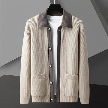 Men's Knit Cardigan - Contrast Collar Button-Up Long Sleeve