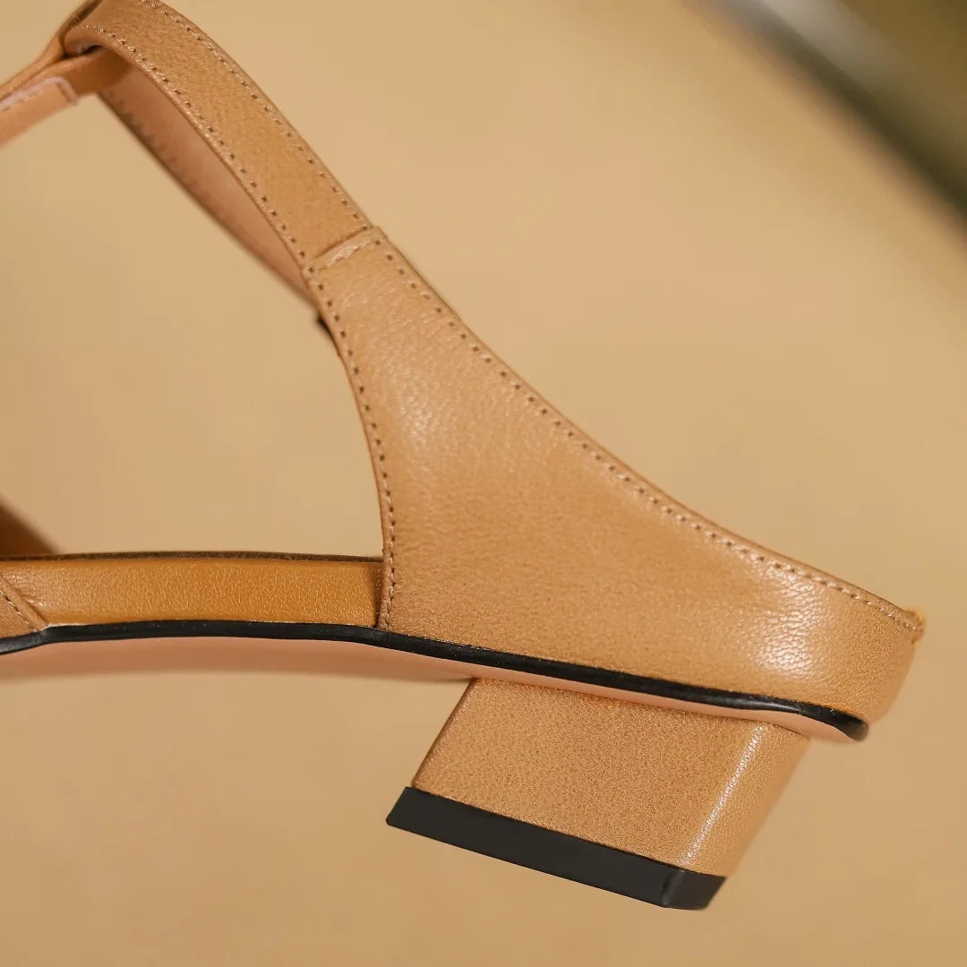 Women’s Square Toe T-Bar Sandals – Textured Upper with Block Heel
