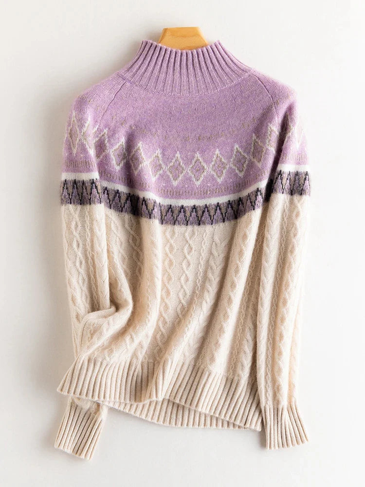 Women’s Jacquard High Neck Knitted Wool Jumper with Patterned Yoke and Ribbed Cuffs