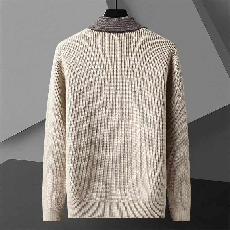 Men's Knit Cardigan - Contrast Collar Button-Up Long Sleeve