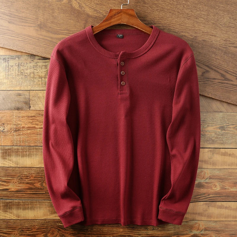 Men’s Long Sleeve Henley Shirt - Crew Neck Button Placket Knit Top
