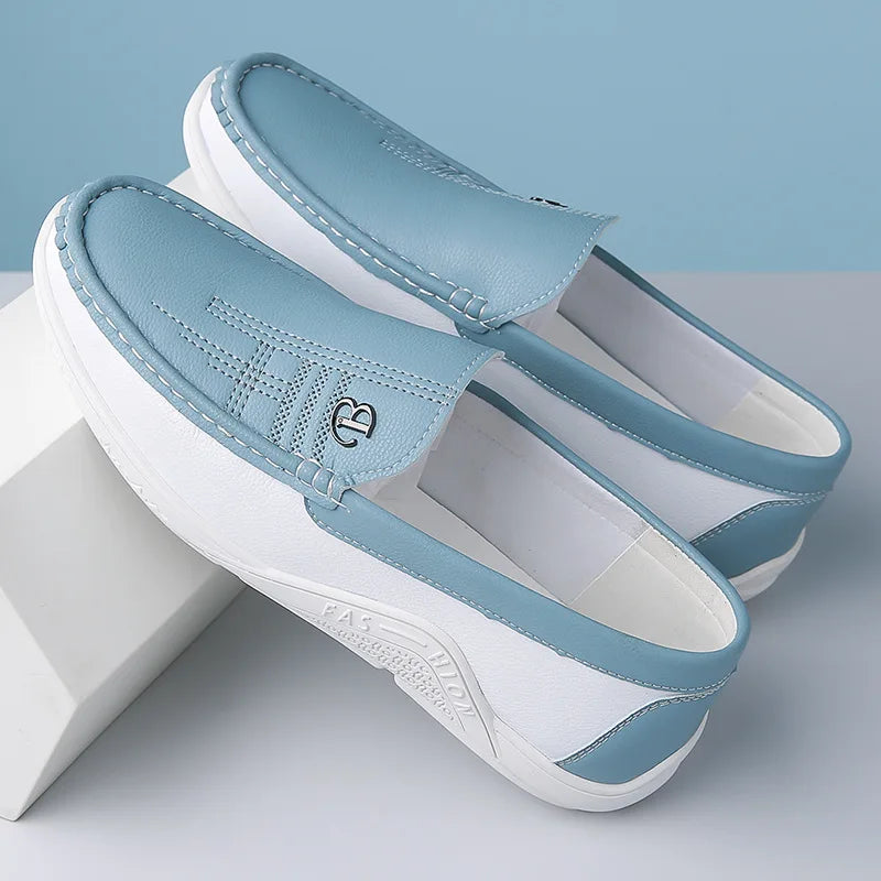 Men's Slip-On Loafers with Contrast Panel - Metal Badge Detail - White Sole - Casual Style