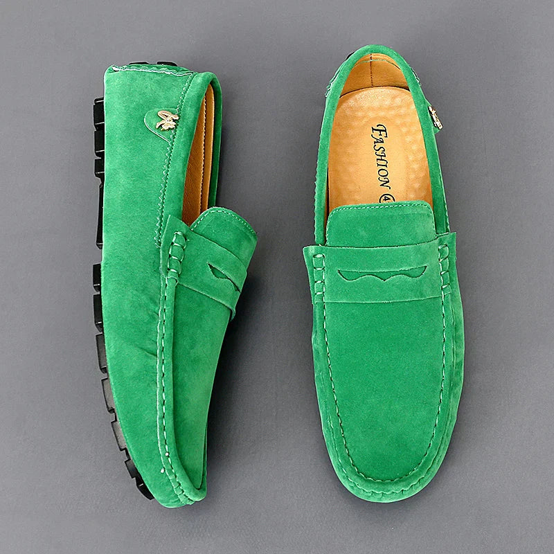 Men's Penny Loafers - Slip-On Suede Style with Whipstitch Detail and Metal Charm