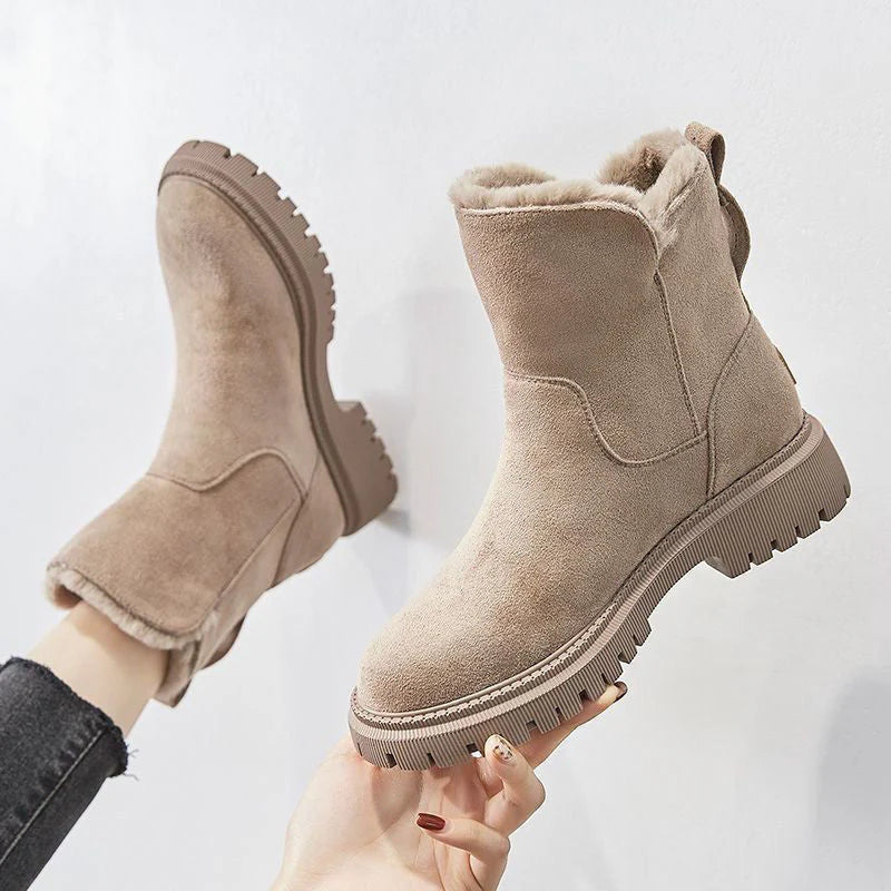Women's Ankle Boots - Slip-On Platform Boot with Fleece Lining and Side Zip