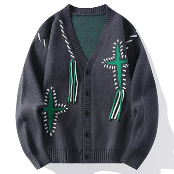 Men's Cardigan - Oversized V-Neck Button Front Knit with Embroidered Detail