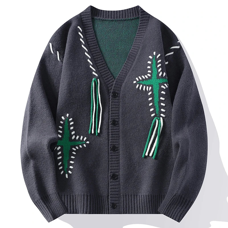 Men's Cardigan - Oversized V-Neck Button Front Knit with Embroidered Detail