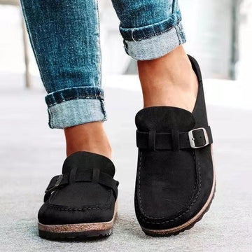 Women's Orthopedic Suede Clogs - Buckle Strap Cork Sole Mules