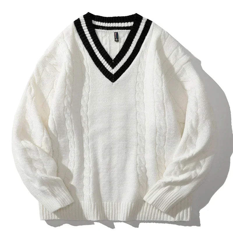 Men's Cable Knit Sweater - V-Neck Pullover with Contrast Stripe Tipping Detail