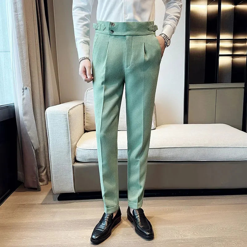 Men's Dress Pants - High Waist Slim Fit with Double Button Closure - Pleated Front