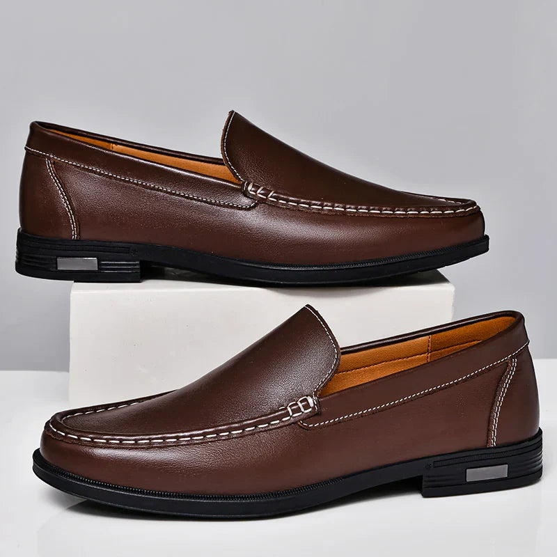 Men's Soft Cowhide Leather Slip-On Loafers with Topstitching - Low Block Heel - Smart Casual Style