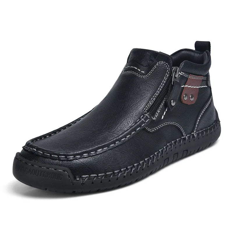 Men's Ankle Boots with Side Zip - Contrast Stitch Detail - Chunky Rubber Sole - Casual Style
