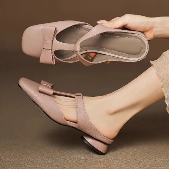 Women's Patent Leather T-Strap Bow Square Toe Mules