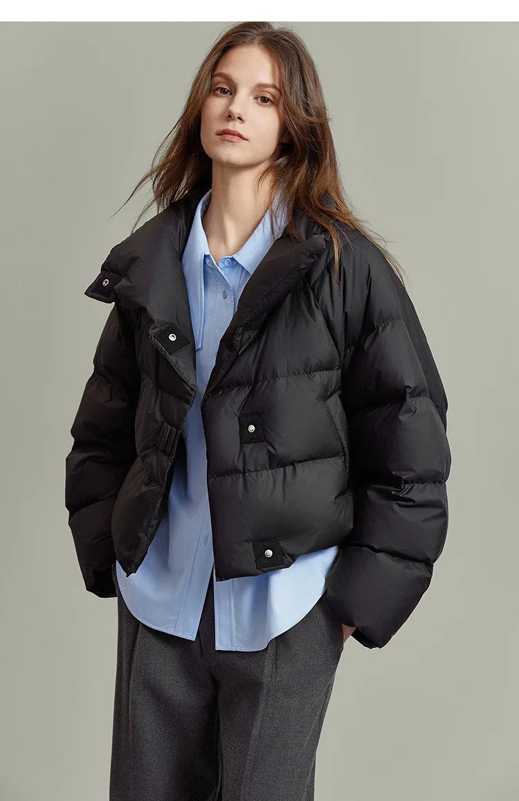 Women’s Cropped Quilted Puffer Jacket with High Neck and Front Button Closure
