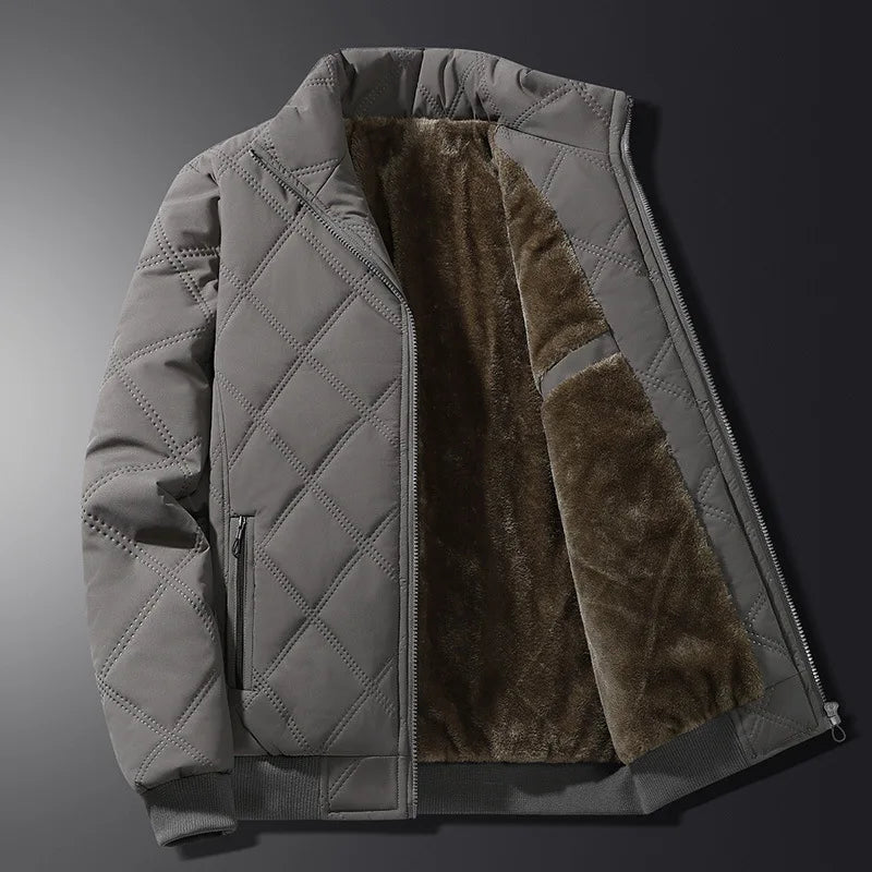 Men's Quilted Zip-Up Jacket with Stand Collar - Fleece Lined - Zip Pockets - Winter Style