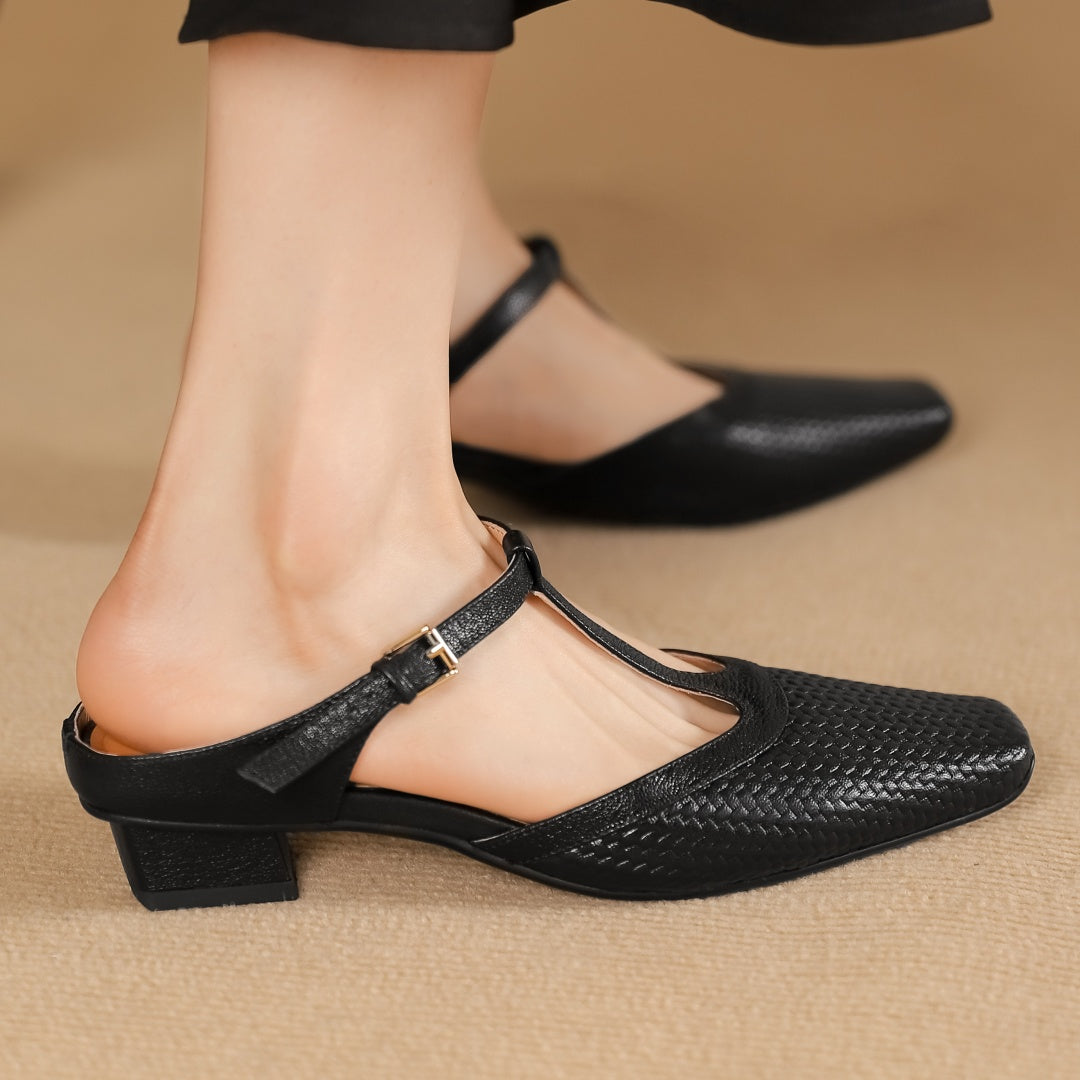 Women’s Square Toe T-Bar Sandals – Textured Upper with Block Heel