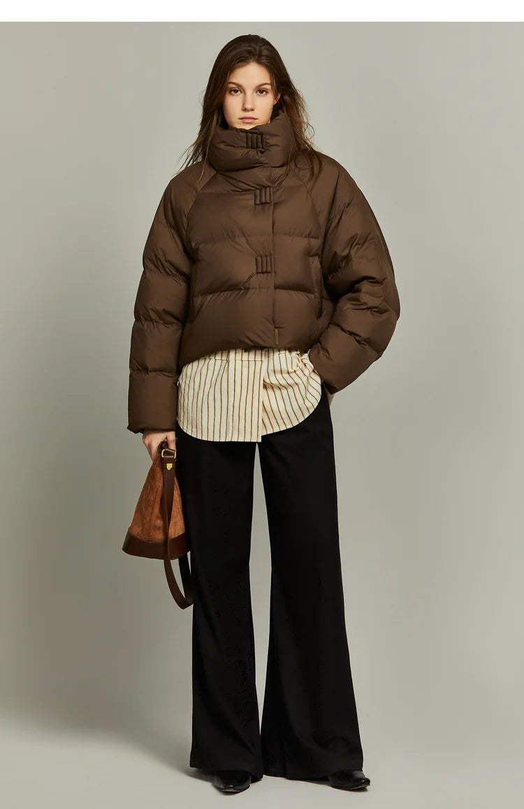 Women’s Cropped Quilted Puffer Jacket with High Neck and Front Button Closure