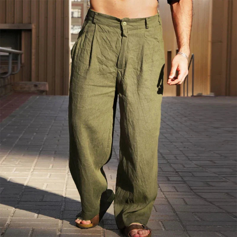 Men's Linen Pants - Pleated Wide Leg Full Length Style
