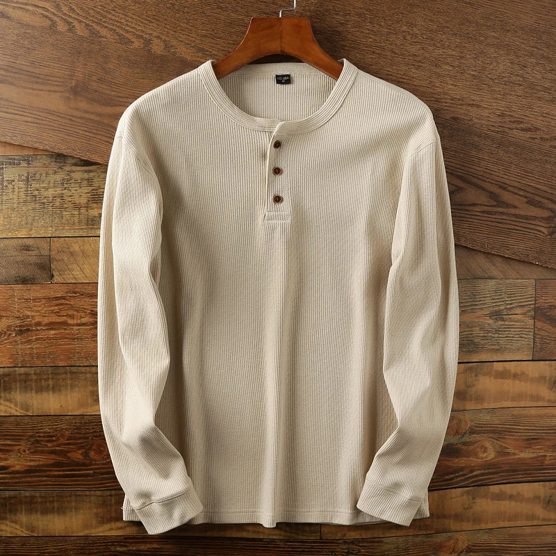Men’s Long Sleeve Henley Shirt - Crew Neck Button Placket Knit Top