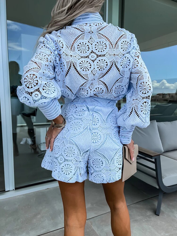 Women's Lace Two Piece Set - Long Sleeve Top and Shorts Broderie