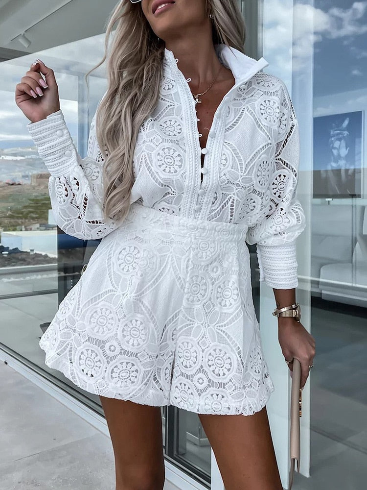 Women's Lace Two Piece Set - Long Sleeve Top and Shorts Broderie