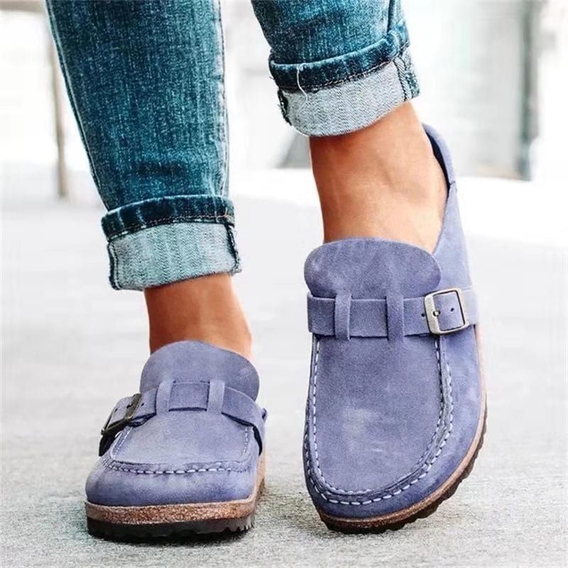Women's Orthopedic Suede Clogs - Buckle Strap Cork Sole Mules
