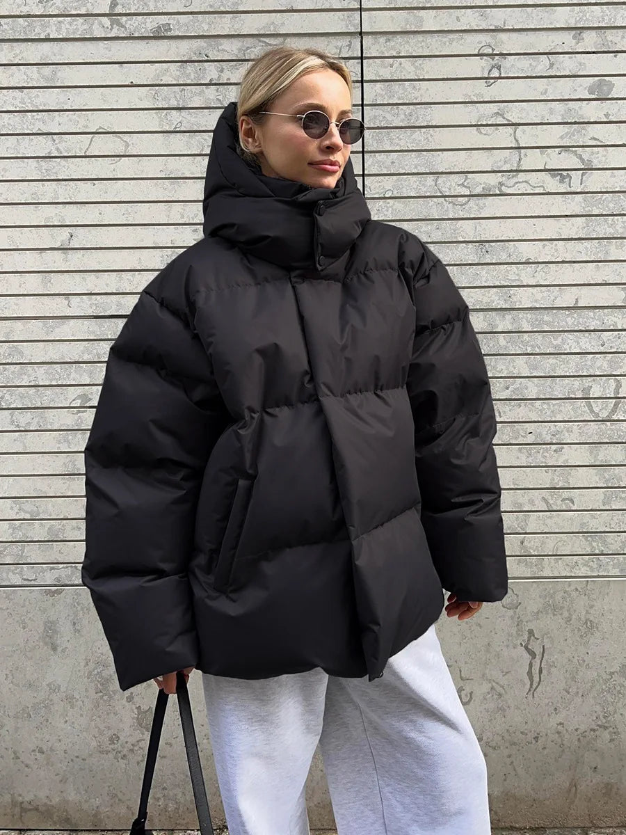 Women’s Puffer Jacket – Oversized Hooded Zip Front Coat with Padded Construction