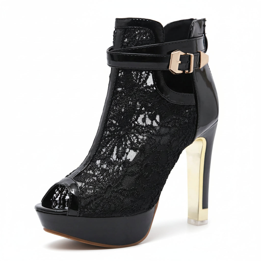 Women’s Lace Mesh Platform Heels with Peep Toe and Ankle Strap Buckle