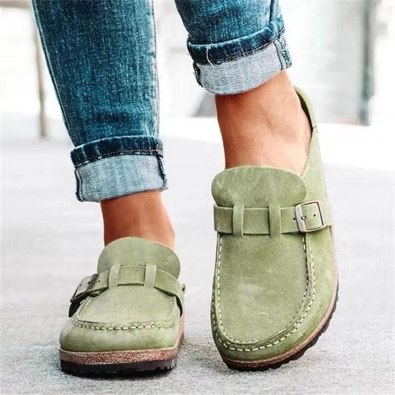 Women's Orthopedic Suede Clogs - Buckle Strap Cork Sole Mules