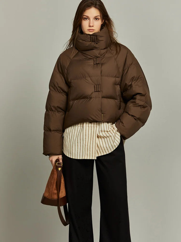Women’s Cropped Quilted Puffer Jacket with High Neck and Front Button Closure