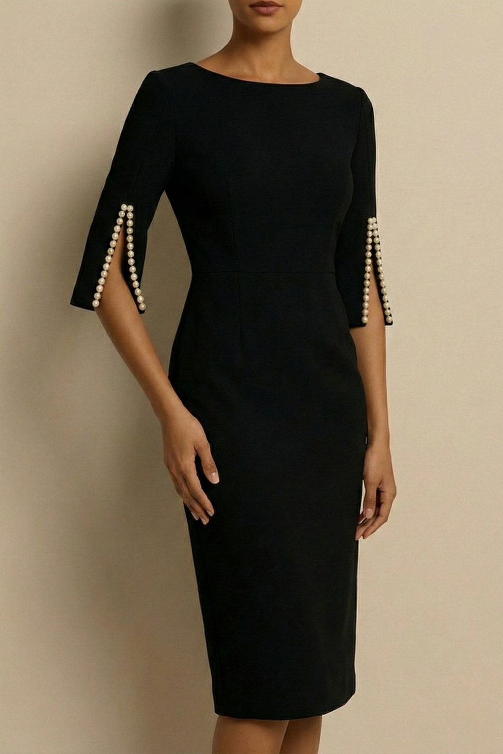Women's Bodycon Midi Dress - Split Sleeve Pearl Detail
