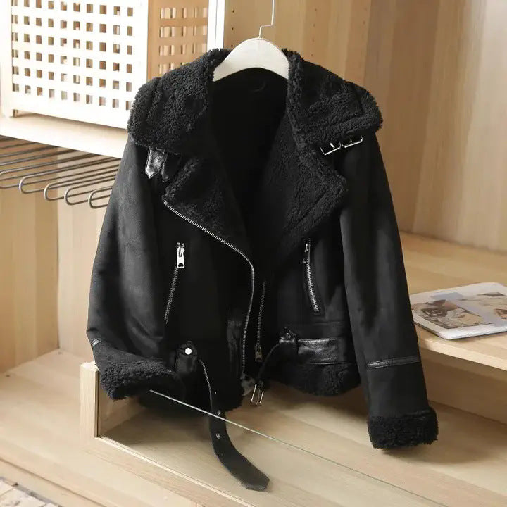 Women's Biker Jacket - Sherpa Lined with Asymmetric Zip - Lapel Collar and Waist Belt