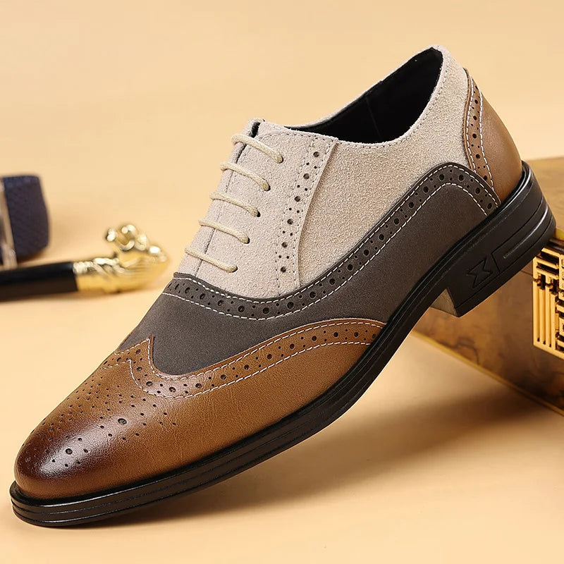 Men's Multi-Tone Leather Wingtip Oxford Brogue Dress Shoes