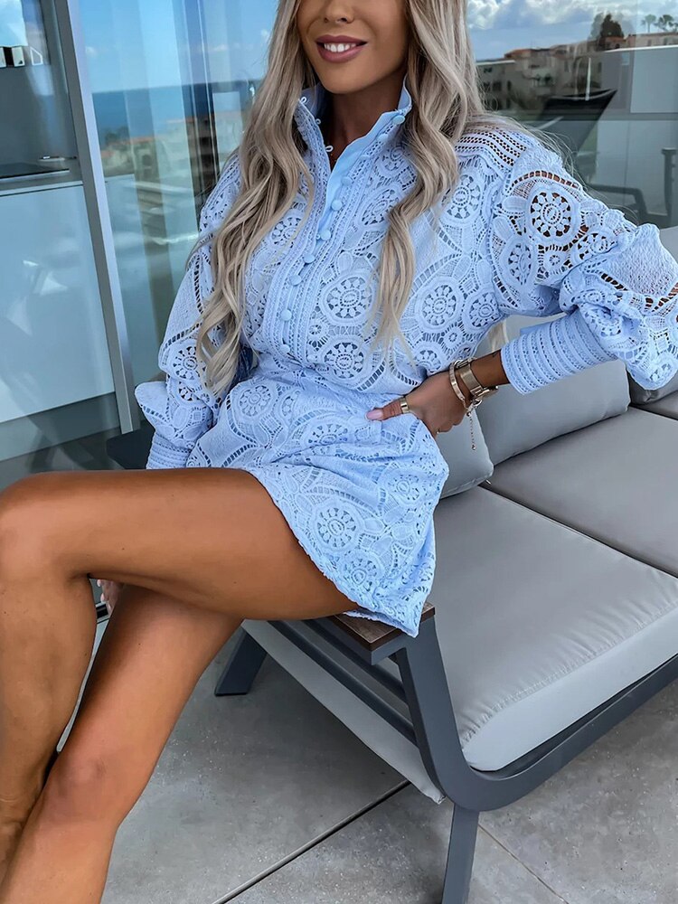 Women's Lace Two Piece Set - Long Sleeve Top and Shorts Broderie